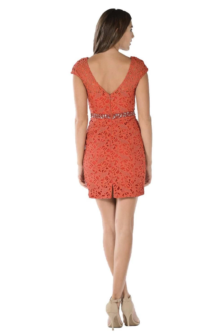 Red Short Cap Sleeve Lace Dress With Beaded Waist By Poly USA Prom 4 Red Short Cap Sleeve Lace Dress With Beaded Waist By Poly USA Prom