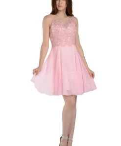 Red Short Chiffon Dress With Lace Applique Bodice By Poly USA Prom