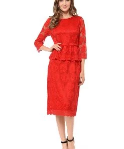 Mother Of The Bride Dresses Red Short Floral Lace Dress With Sleeves By Lenovia