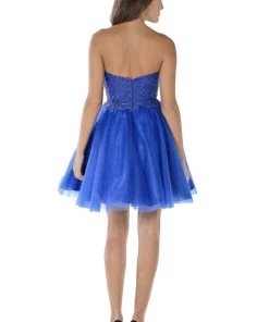 Red Short Strapless Dress With Lace Bodice By Poly USA Prom