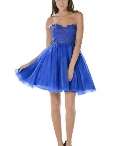 Red Short Strapless Dress With Lace Bodice By Poly USA Prom