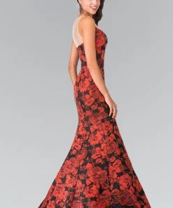 Red/Black Floral Print Dress With Sheer Neckline By Elizabeth K GL2246 Prom