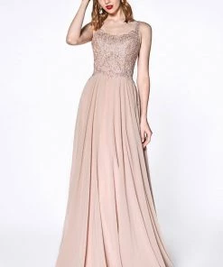 Long Rose Gold Lace Bodice Dress By Cinderella Divine KC886 Prom