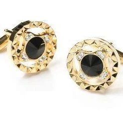 ABC Fashion Round Gold Cufflinks With Black And Clear Crystals Men