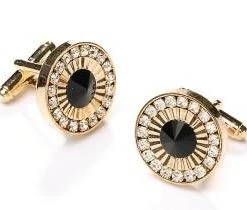 ABC Fashion Round Gold Cufflinks With Black Gem And Clear Crystals
