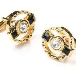 ABC Fashion Men Round Gold Cufflinks With Black Stone And Clear Crystal
