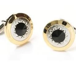 ABC Fashion Round Gold Cufflinks With Black Stone And Clear Crystals