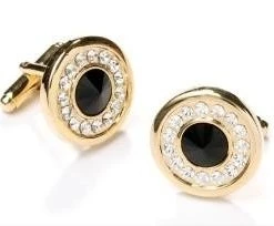 ABC Fashion Round Gold Cufflinks With Black Stone And Clear Crystals Men