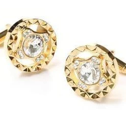 ABC Fashion Men Round Gold Cufflinks With Clear Crystals