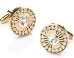 ABC Fashion Men Round Gold Cufflinks With Clear Crystals