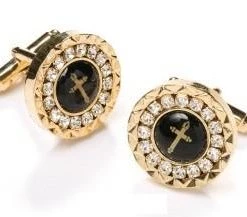 ABC Fashion Men Round Gold Cufflinks With Cross And Crystals
