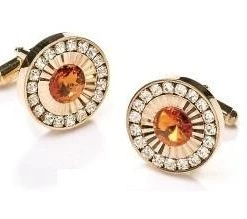 ABC Fashion Round Gold Cufflinks With Orange Gem And Clear Crystals