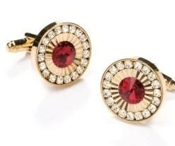 ABC Fashion Round Gold Cufflinks With Red Gem And Clear Crystals