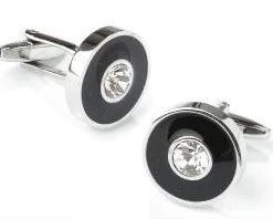 ABC Fashion Round Silver And Black Cufflinks With A Clear Crystal Men