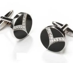 ABC Fashion Round Silver And Black Cufflinks With Clear Crystals