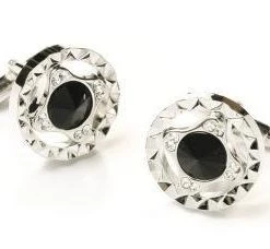 ABC Fashion Round Silver Cufflinks With Black And Clear Crystals