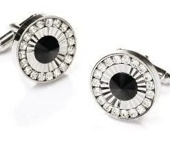 ABC Fashion Round Silver Cufflinks With Black Stone And Clear Crystals
