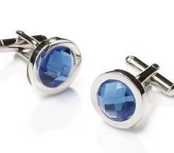 ABC Fashion Round Silver Cufflinks With Blue Gem Men