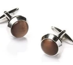 ABC Fashion Round Silver Cufflinks With Brown Stone Men