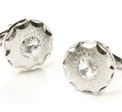 ABC Fashion Men Round Silver Cufflinks With Clear Crystal
