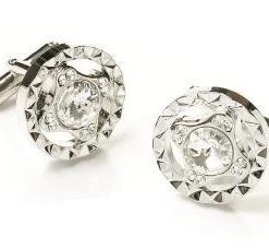 ABC Fashion Round Silver Cufflinks With Clear Crystals