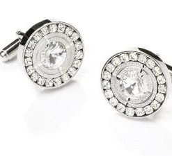 ABC Fashion Men Round Silver Cufflinks With Clear Crystals
