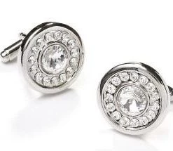ABC Fashion Round Silver Cufflinks With Clear Crystals Men