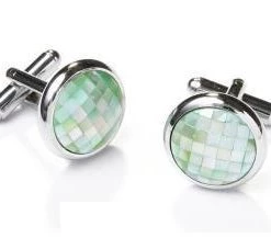ABC Fashion Round Silver Cufflinks With Green Mosaic