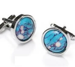 ABC Fashion Round Silver Cufflinks With Turquoise Marble Men