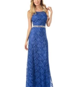 Lenovia Royal Blue Long Sequined Lace Dress With Lace Caplet Prom 34 Lenovia Royal Blue Long Sequined Lace Dress With Lace Caplet Prom