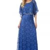 Lenovia Royal Blue Long Sequined Lace Dress With Lace Caplet Prom