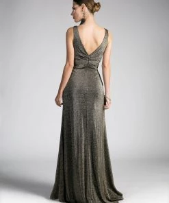 Long V-Neck Metallic Dress With Slit By Cinderella Divine CH551 Prom