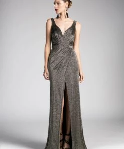 Long V-Neck Metallic Dress With Slit By Cinderella Divine CH551 Prom