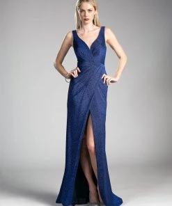 Long V-Neck Metallic Dress With Slit By Cinderella Divine CH551 Prom