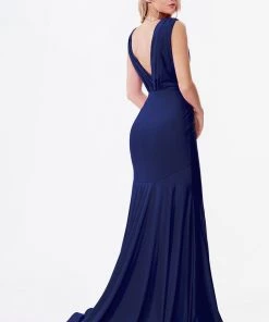 Ruched Long V-Neck Dress By Cinderella Divine CD912 Prom