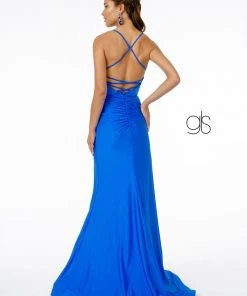 Ruched Long V-Neck Dress With Corset Back By Elizabeth K GL1816 Prom