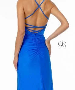 Ruched Long V-Neck Dress With Corset Back By Elizabeth K GL1816 Prom