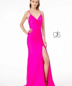 Ruched Long V-Neck Dress With Corset Back By Elizabeth K GL1816 Prom