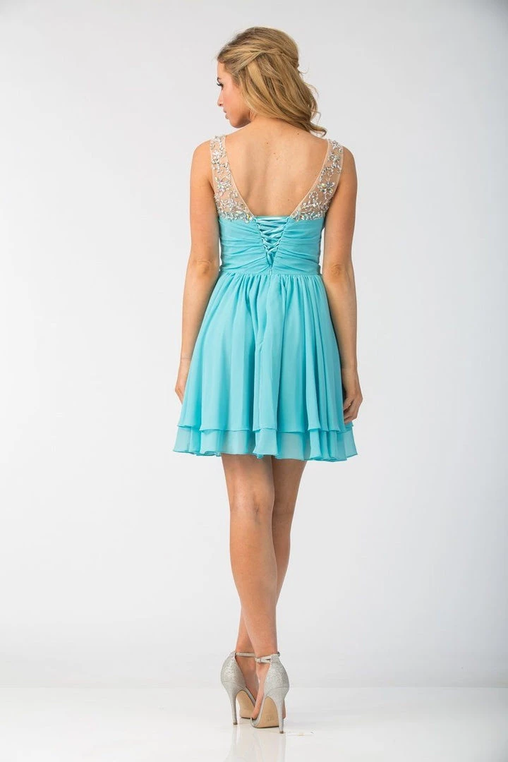 Ruched Short V-Neck Dress With Corset Back By Star Box 6156 4 Ruched Short V-Neck Dress With Corset Back By Star Box 6156