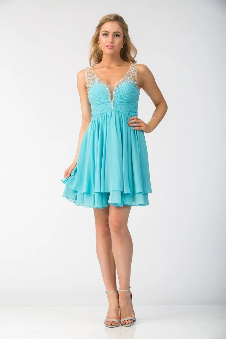 Ruched Short V-Neck Dress With Corset Back By Star Box 6156 3 Ruched Short V-Neck Dress With Corset Back By Star Box 6156