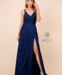 Ruched V-Neck Long Evening Gown By Nox Anabel 8347