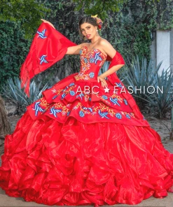 Ragazza Fashion QuinceaƱera Ruffled Floral Charro Quinceanera Dress By Ragazza M34-134