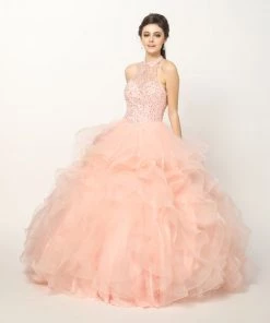 Ruffled High Neck Ball Gown By Juliet 1420