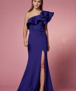 Prom Ruffled One Shoulder Gown By Nox Anabel E467