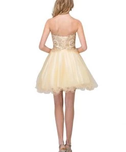 Ruffled Short Strapless Dress With Gold Lace Applique By Star Box 6411