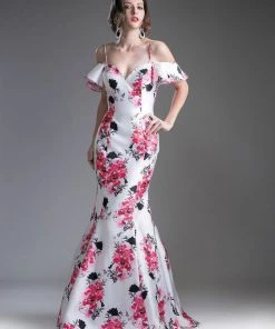 Satin Floral Print Mermaid Gown By Cinderella Divine 13043 Prom