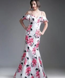 Satin Floral Print Mermaid Gown By Cinderella Divine 13043 Prom