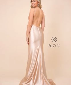 Satin Long V-Neck Dress With Open Back By Nox Anabel C227