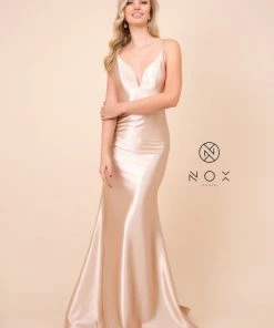 Satin Long V-Neck Dress With Open Back By Nox Anabel C227