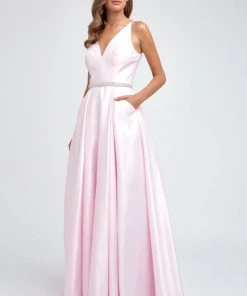 Prom Satin V-Neck Ball Gown By Juliet 696